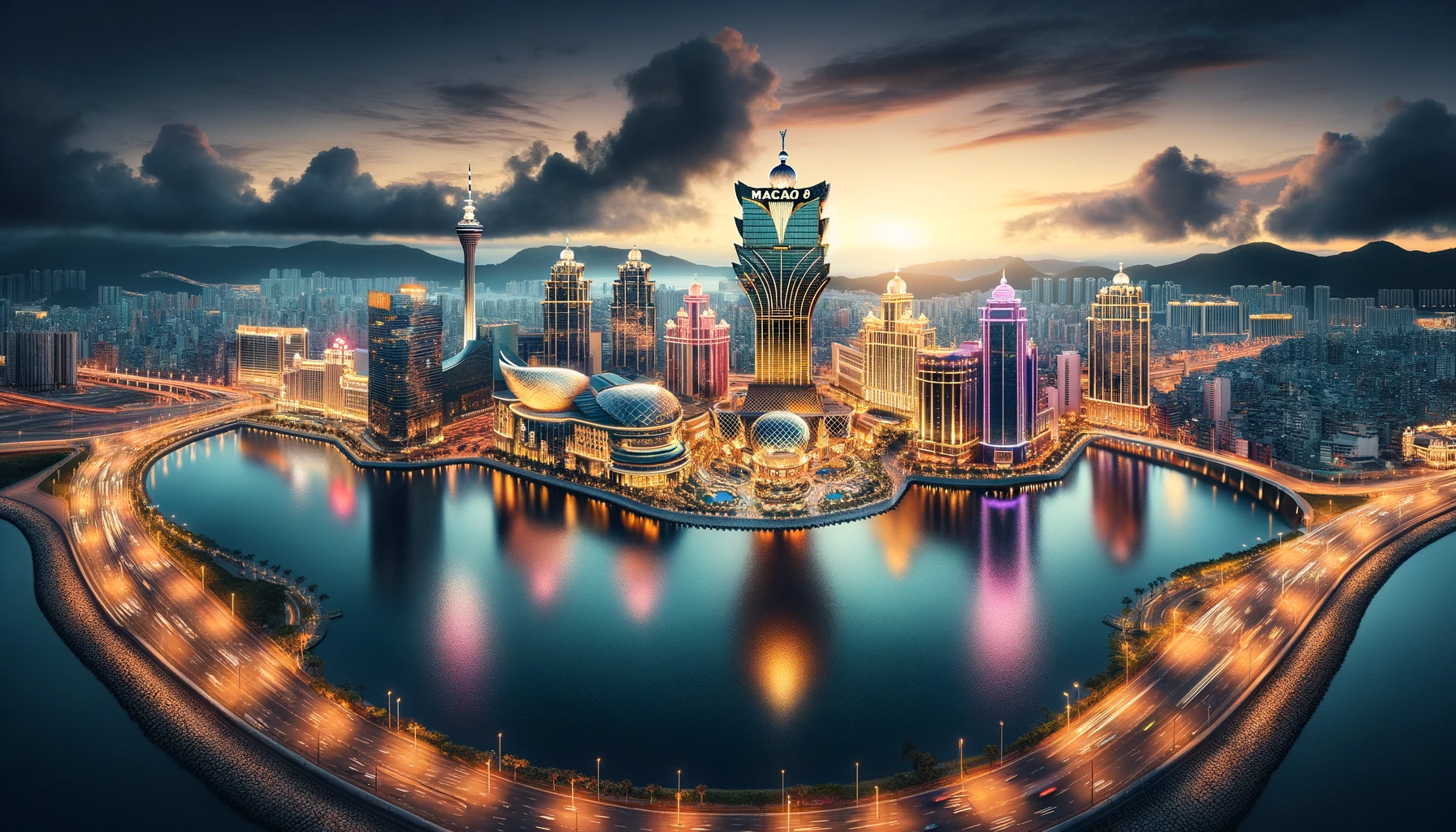 This image shows the panoramic view of Macao's iconic skyline and casino resorts, brilliantly illuminated at night, highlighting the city's status as a premier gaming destination in Asia.