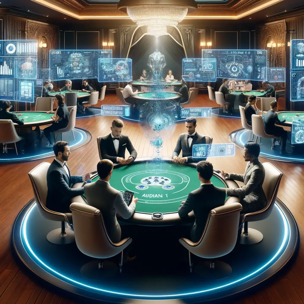 A modern, high-tech poker game setting with players using tablets and screens displaying AI-generated data and statistics. The room is stylish and glamorous, filled with excitement, illustrating a blend of classic poker elements with futuristic technology.
