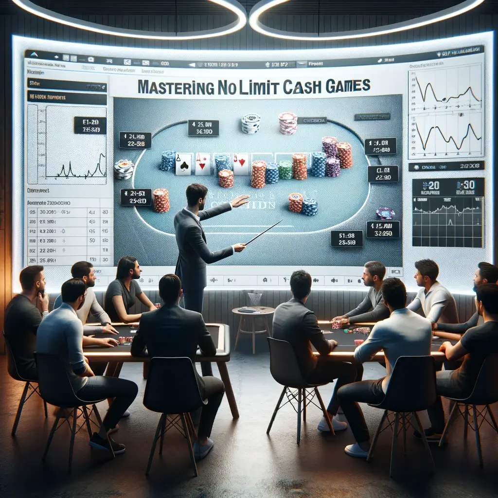 This image depicts a modern educational setting where a poker coach is teaching strategies for No-Limit Texas Hold'em, emphasizing the importance of learning and skill development in mastering the game.