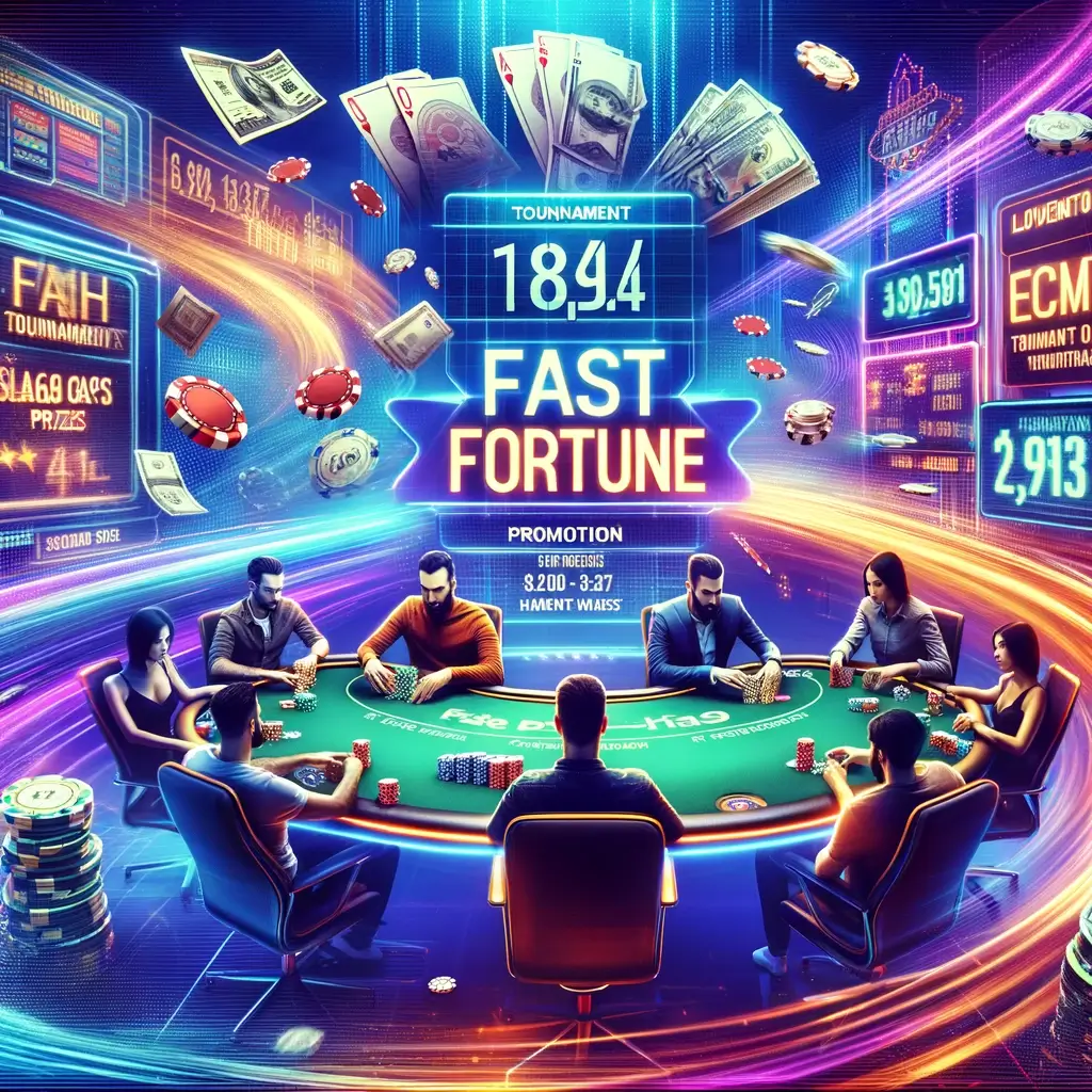 Dynamic Fast Fortune Promotion - Best Online Poker Sites 2025 Vibrant online poker scene showcasing Fast Fortune promotion, cash prizes, tournament tickets, and leaderboard.