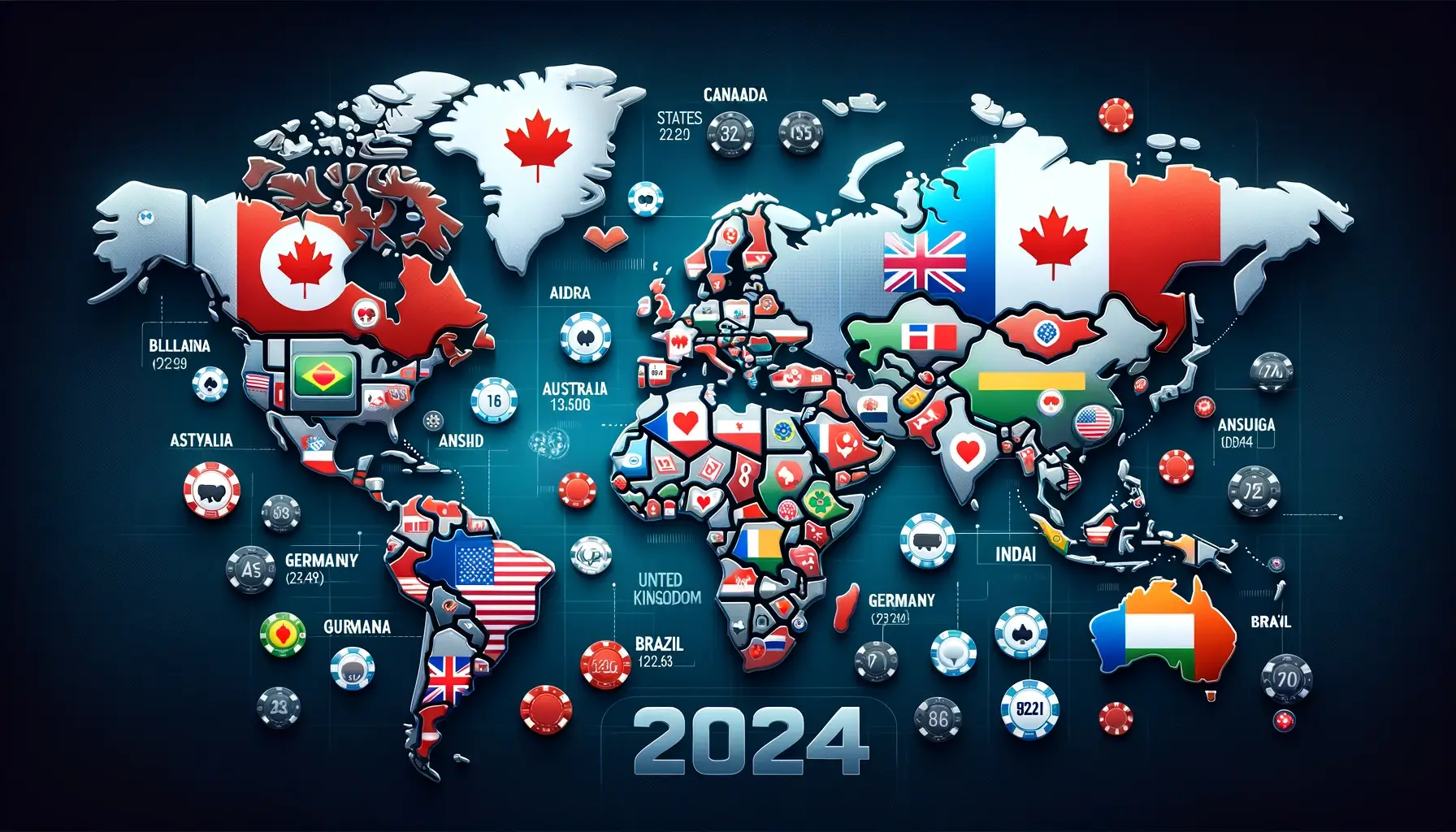 World map highlighting leading countries in online poker for 2024. - Best Online Poker Sites 2025 A world map with the United States, United Kingdom, Canada, Australia, Germany, Brazil, and India marked as leading countries in online poker. The map includes poker icons like playing cards and chips.