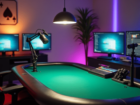 A modern poker table with microphones and control equipment is set up in a gaming studio, surrounded by three computer monitors displaying Windows screens, with colorful ambient lighting and a large spade card on the wall.