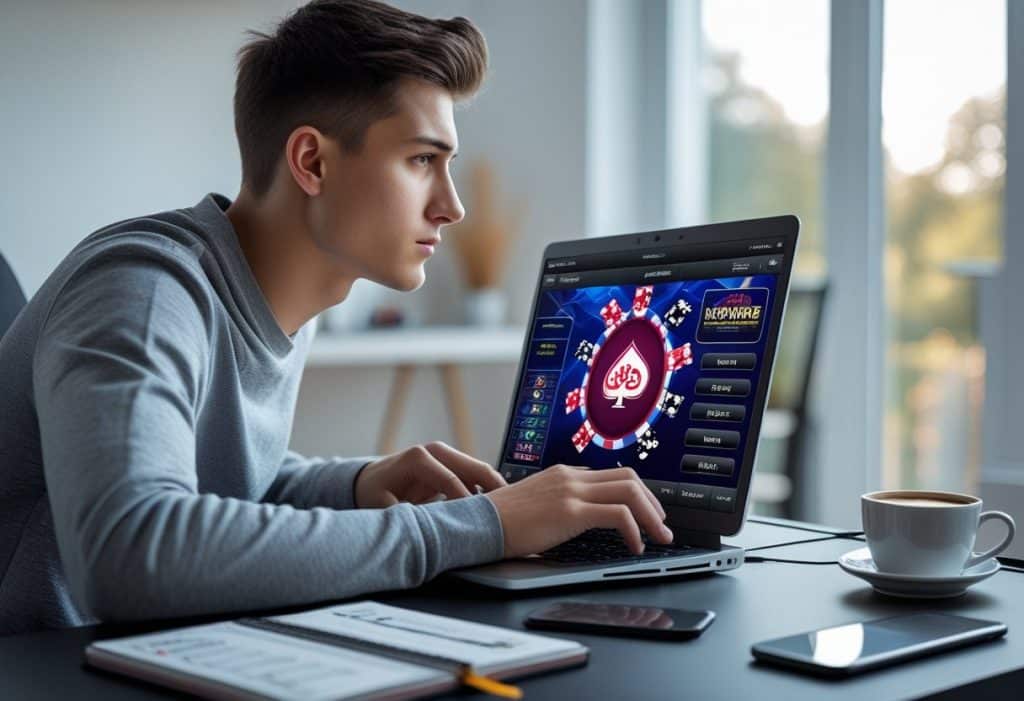 A young man sits at a desk using a laptop displaying an online poker game, with chips and cards on the screen. A notebook, pen, smartphone, and coffee cup are placed on the desk beside him. - Best Online Poker Sites 2025 A young man sits at a desk using a laptop displaying an online poker game, with chips and cards on the screen. A notebook, pen, smartphone, and coffee cup are placed on the desk beside him.