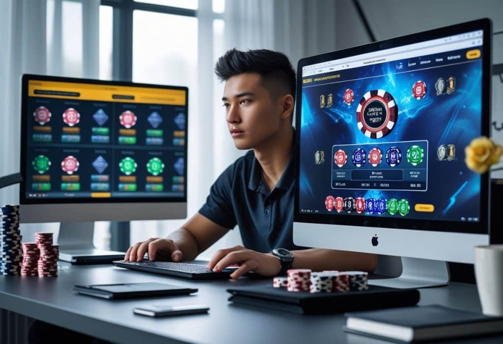 A person sits at a desk with poker chips and cards, using two large computer monitors displaying online poker games in a modern, brightly lit room. - Best Online Poker Sites 2025 A person sits at a desk with poker chips and cards, using two large computer monitors displaying online poker games in a modern, brightly lit room.