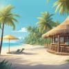A tropical beach scene with palm trees, two lounge chairs under yellow umbrellas, and a thatched-roof beach bar. The ocean is calm and blue, with a clear sky and lush greenery in the background.