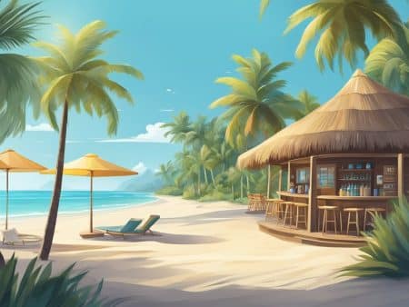 A tropical beach scene with palm trees, two lounge chairs under yellow umbrellas, and a thatched-roof beach bar. The ocean is calm and blue, with a clear sky and lush greenery in the background.