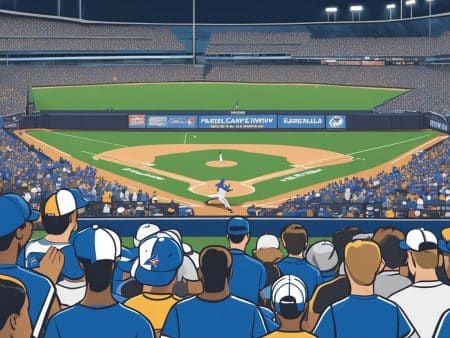 A crowded baseball stadium scene viewed from behind home plate, with a pitcher on the mound, a batter hitting the ball, and fans wearing blue and white jerseys and caps filling the stands.