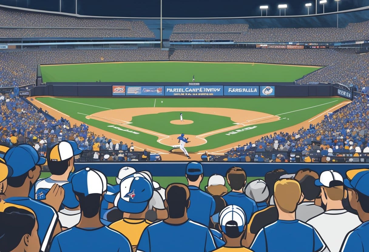 A baseball game at the Toronto Blue Jays stadium with fans cheering, players on the field, and odds changing on the in-play betting board