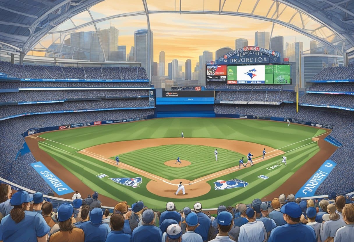 A baseball game at the Rogers Centre in Toronto, with the Toronto Blue Jays playing and fans placing in-play bets on the game