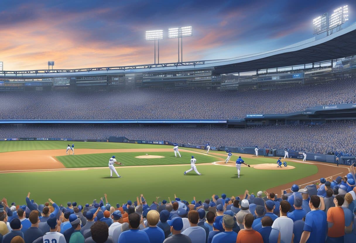A baseball stadium packed with cheering fans as the Toronto Blue Jays play on the field, with the scoreboard displaying real-time in-play betting odds
