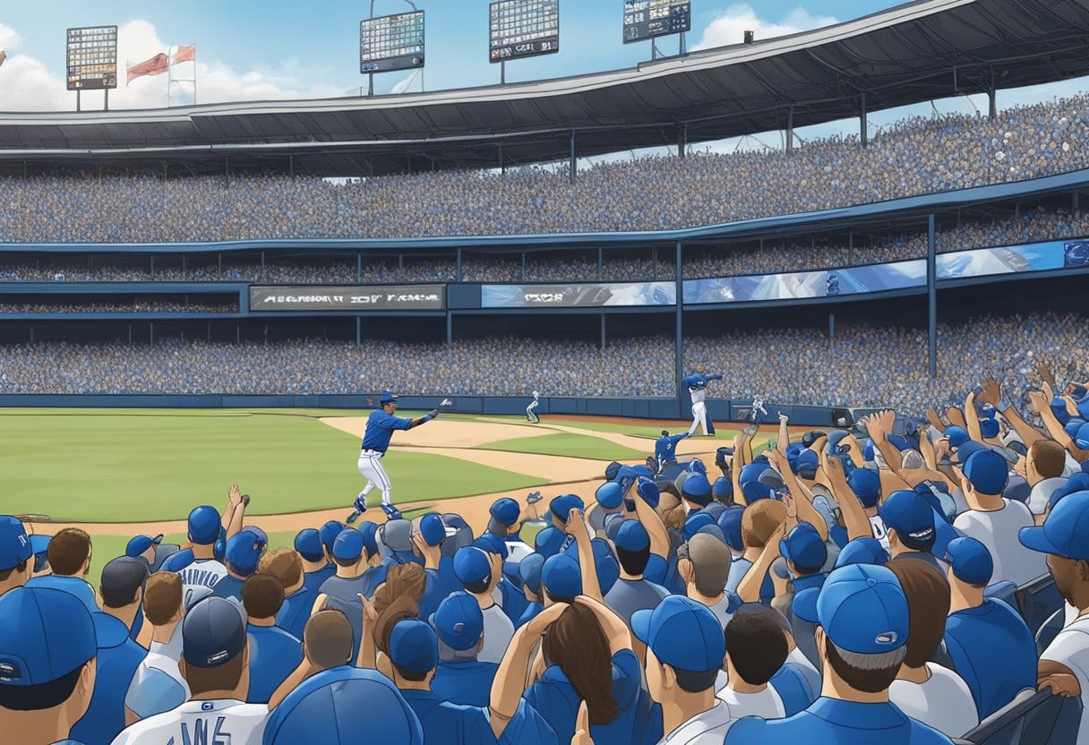 The crowd roars as the Blue Jays player hits a home run, while the odds rapidly change on the digital scoreboard