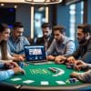 A group of six people sit around a poker table with cards and chips, focused on the game. A laptop displaying digital playing cards is open on the table, suggesting a mix of live and online poker play.