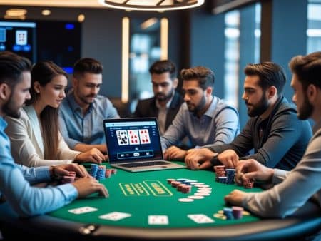 A group of six people sit around a poker table with cards and chips, focused on the game. A laptop displaying digital playing cards is open on the table, suggesting a mix of live and online poker play.