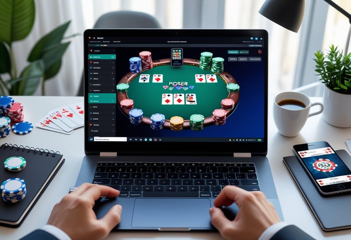 A person plays online poker on a laptop at a desk with poker chips, playing cards, a smartphone, a notebook, a pen, and a cup of coffee, creating a casino-like workspace environment. - Best Online Poker Sites 2025 A person using a laptop and smartphone to play online poker, with poker chips and cards on a desk in a home office.