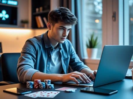 A young man sits at a desk using a laptop, with poker chips, playing cards, and a smartphone in front of him, suggesting he is playing poker online in a modern, well-lit room.