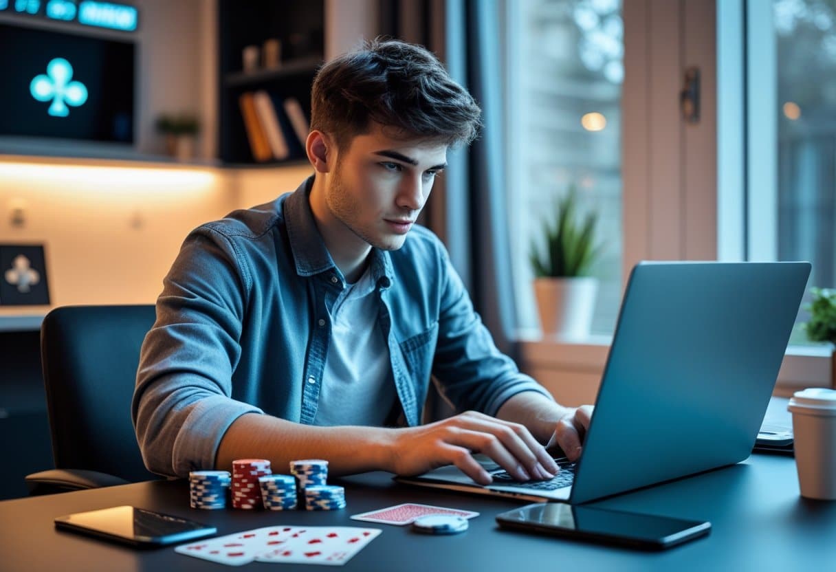 A young man sits at a desk using a laptop, with poker chips, playing cards, and a smartphone in front of him, suggesting he is playing poker online in a modern, well-lit room. - Best Online Poker Sites 2025 A young adult concentrating while playing online poker on a laptop at a clean desk with poker chips and cards nearby.