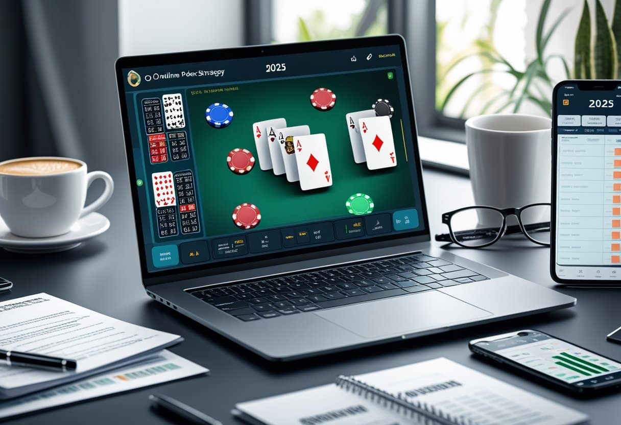 A laptop on a desk displays an online poker game, with cards, poker chips, and stats visible on the screen. Nearby are glasses, papers, a coffee cup, and a smartphone showing a data chart. - Best Online Poker Sites 2025 A person working at a desk with a laptop showing an online poker game, surrounded by notes and a smartphone, in a bright home office.