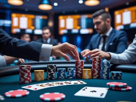 A close-up of a poker table with colorful chips stacked and cards laid out, while people in suits play and focus intently in a lively casino environment with digital displays in the background.
