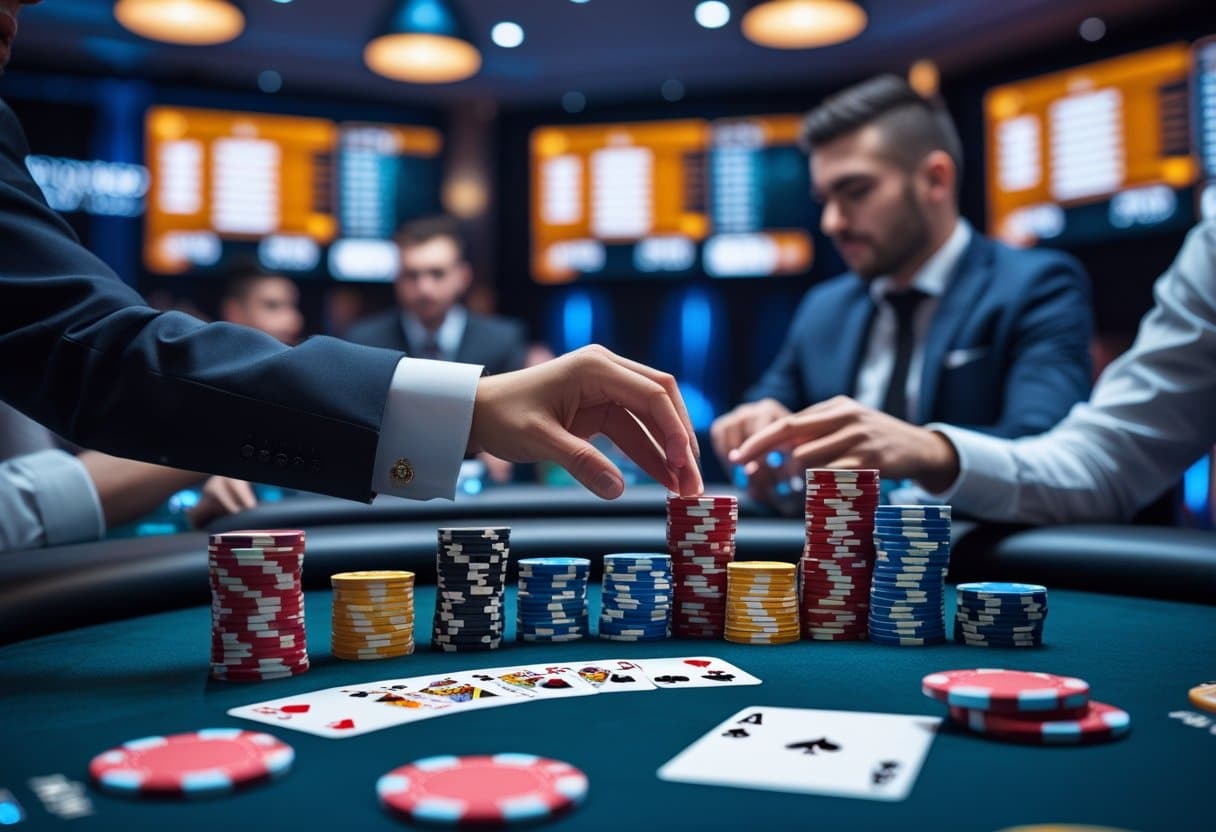A close-up of a poker table with colorful chips stacked and cards laid out, while people in suits play and focus intently in a lively casino environment with digital displays in the background. - Best Online Poker Sites 2025 A poker table with chips and cards, players focused on the game, and digital screens showing tournament information in the background.