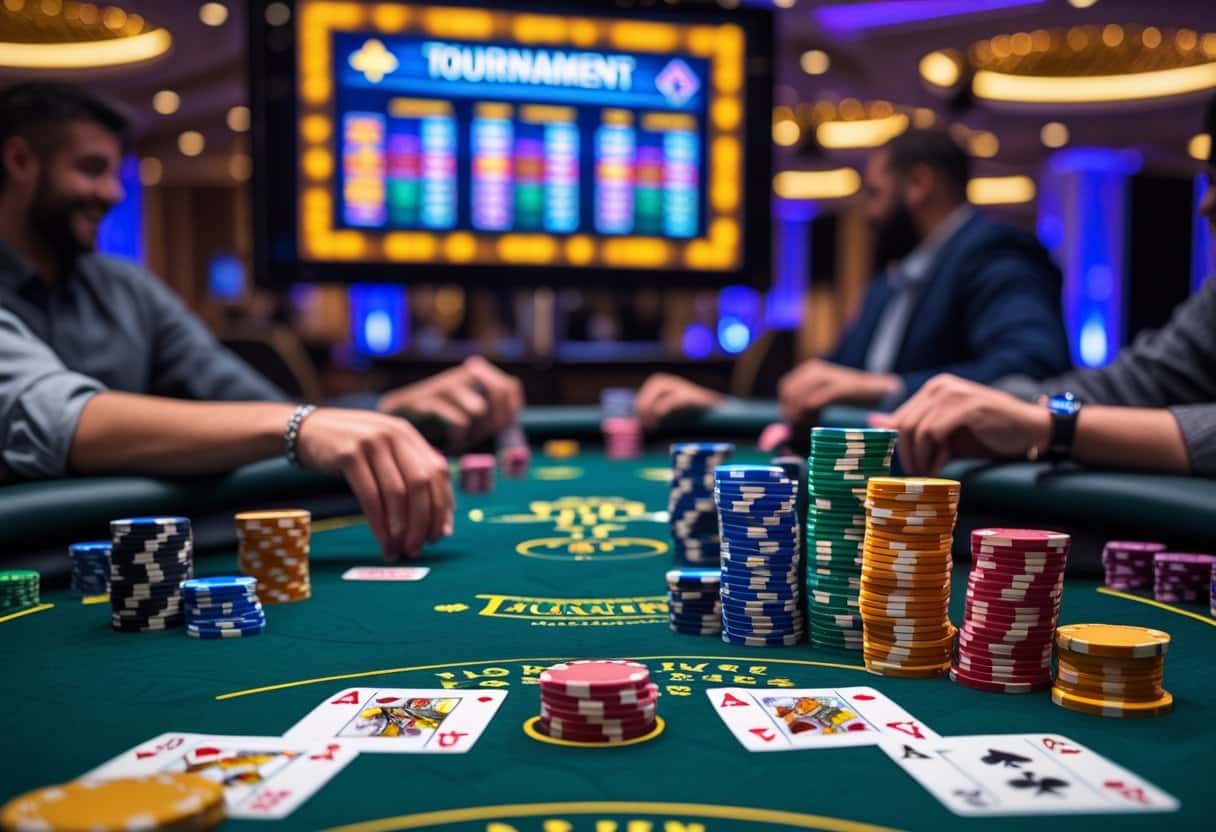 Players sit at a poker table with stacks of colorful chips, cards visible, in a vibrant casino. A tournament scoreboard is displayed on a screen in the background under bright lights. - Best Online Poker Sites 2025 A poker table with chips and cards in a casino setting, with a digital screen showing a tournament schedule in the background.