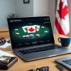 A laptop on a desk displays an online poker game with a Canadian flag, surrounded by legal documents, a gavel, and coffee cup, highlighting Legal Online Poker Canada and the impact of Provincial Laws on gameplay.