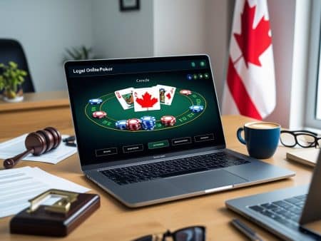 A laptop on a desk displays an online poker game with a Canadian flag, surrounded by legal documents, a gavel, and coffee cup, highlighting Legal Online Poker Canada and the impact of Provincial Laws on gameplay.