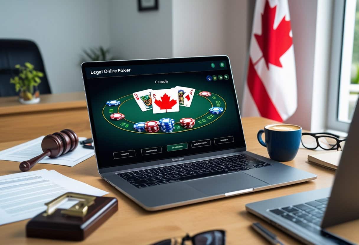 A laptop on a desk displays an online poker game with a Canadian flag, surrounded by legal documents, a gavel, and coffee cup, highlighting Legal Online Poker Canada and the impact of Provincial Laws on gameplay. - Best Online Poker Sites 2025 A home office desk with a laptop showing an online poker game, a Canadian flag, legal documents, and a gavel.