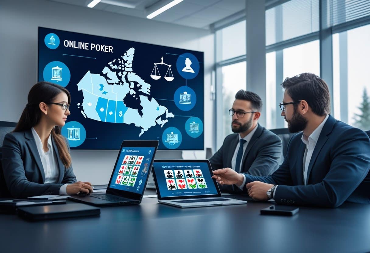 Three business professionals discuss Legal Online Poker Canada regulations, with laptops displaying online games and a large map highlighting provincial laws on a screen in a modern office setting. - Best Online Poker Sites 2025 A group of professionals discussing online poker regulations in an office with digital devices showing poker games and a map of Canada.
