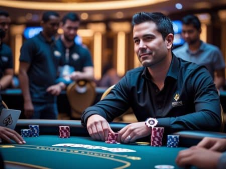 A man in a black shirt plays poker at a casino table, holding cards and stacking chips as amateur players and spectators watch under bright lights.