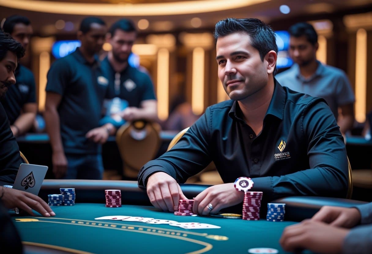 A man in a black shirt plays poker at a casino table, holding cards and stacking chips as amateur players and spectators watch under bright lights. - Best Online Poker Sites 2025 A poker player concentrating at a table with chips and cards, while others watch and learn in a casino setting.