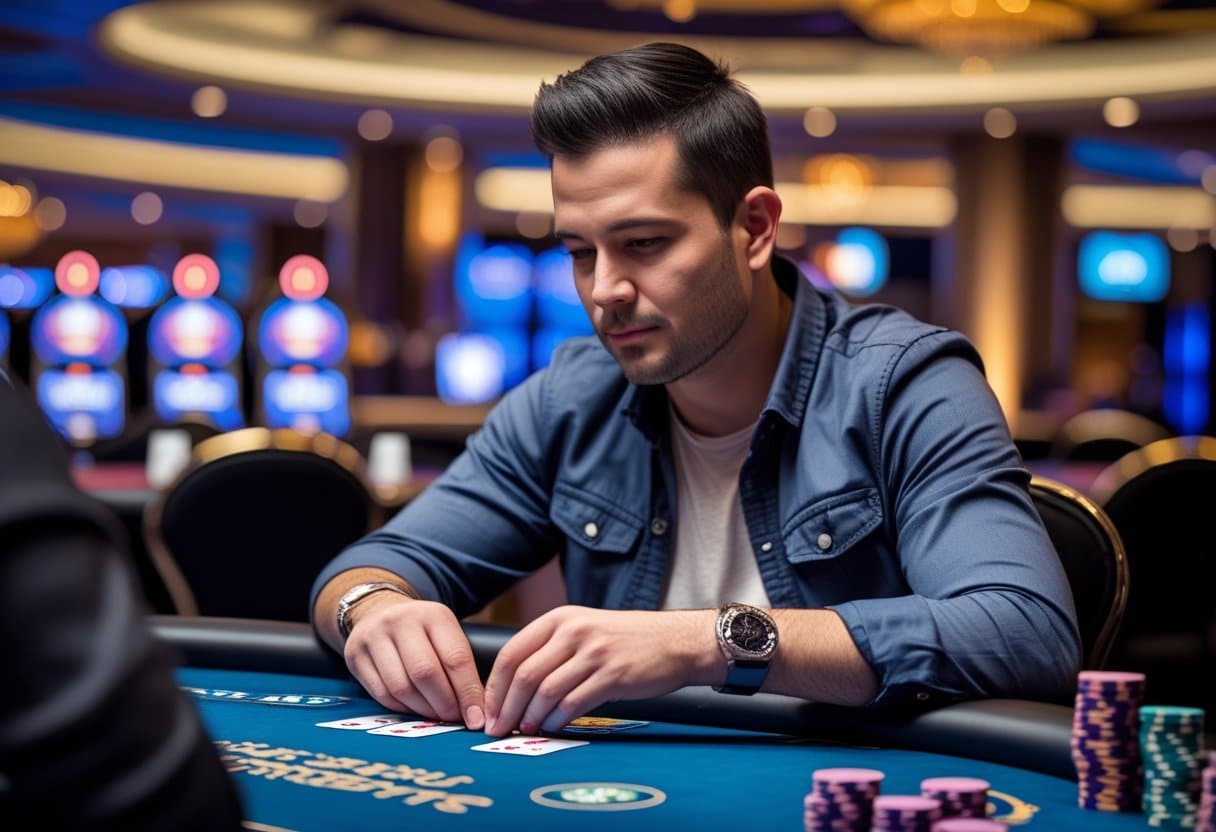 A man with dark hair wearing a blue jacket sits at a poker table in a casino, focused on his cards. Poker chips and cards are on the table as amateur players nearby discuss tournament strategies amid the bright lights and slot machines. - Best Online Poker Sites 2025 A focused poker player sitting at a poker table in a casino, thoughtfully examining their cards with poker chips stacked nearby.