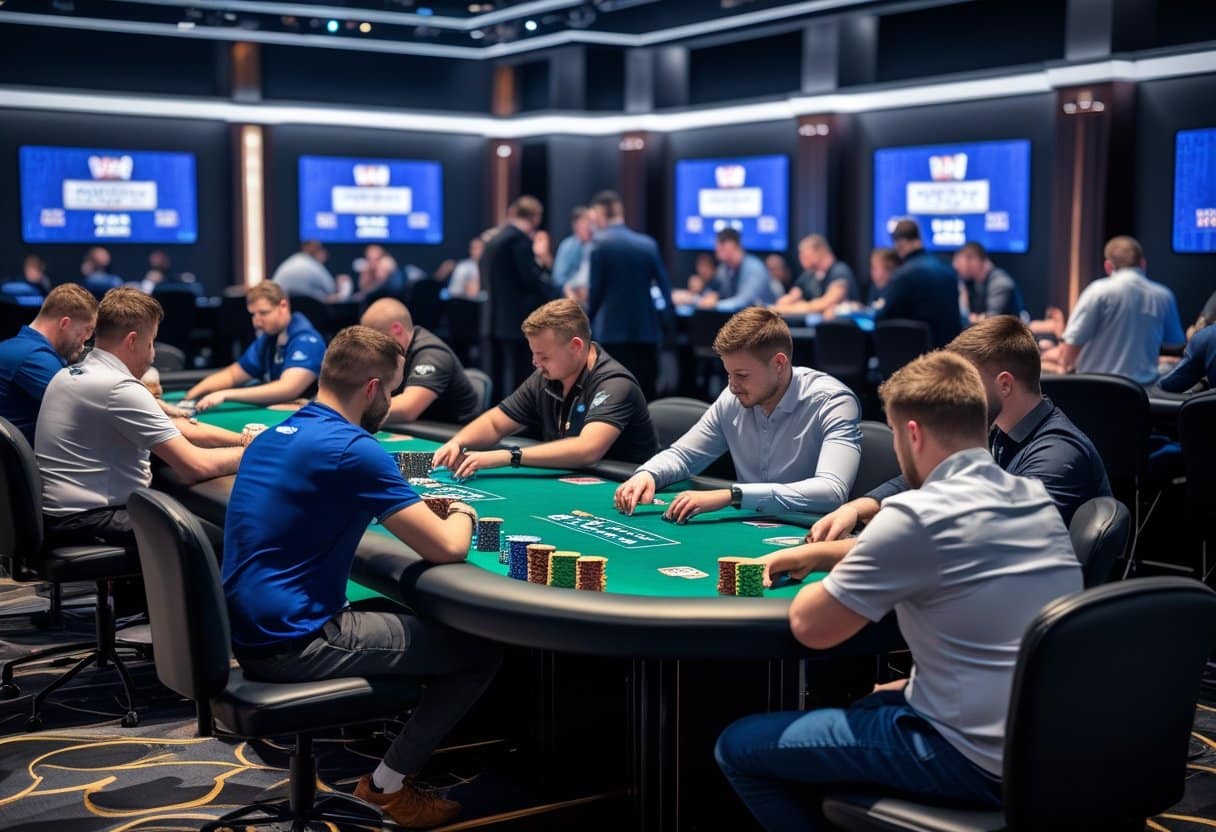 A group of men play poker around a green table in a modern, well-lit casino. Other players and tables are visible, with large screens displaying WSOP events and tournament information in the background. - Best Online Poker Sites 2025 Poker players seated around tables in a well-lit tournament room, focused on their game with chips and cards on the tables.