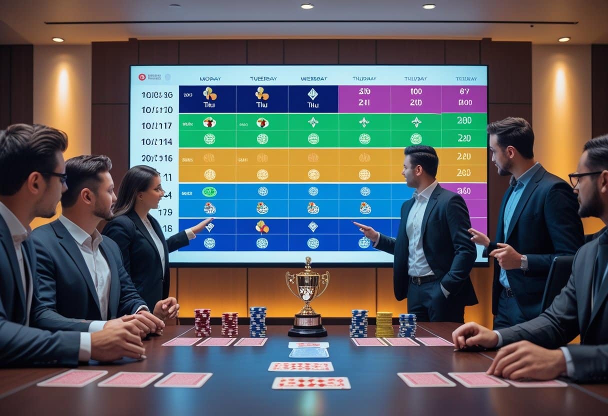 Six people in business attire sit and stand around a table with poker chips, cards, and a trophy, discussing WSOP events and a colorful leaderboard chart displayed on a large screen in a modern conference room. - Best Online Poker Sites 2025 A group of professionals in a conference room reviewing a large digital schedule with poker chips and cards on the table.