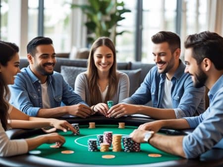 A group of five young adults sits around a poker table, smiling and playing with poker chips and cards, in a bright, modern room with large windows and plants—perfectly capturing the fun of free online poker games.