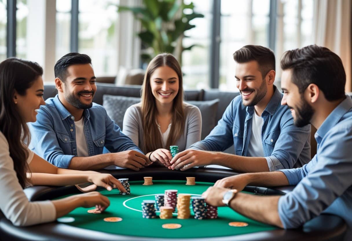 A group of people playing poker around a table with poker chips and cards indoors.