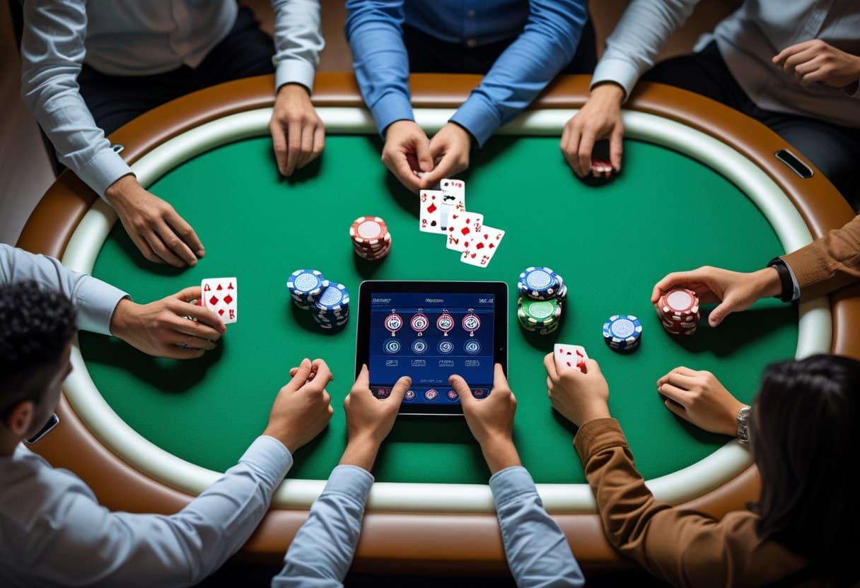 Top-down view of a poker table with players' hands holding cards and poker chips, alongside a digital device showing a poker game.
