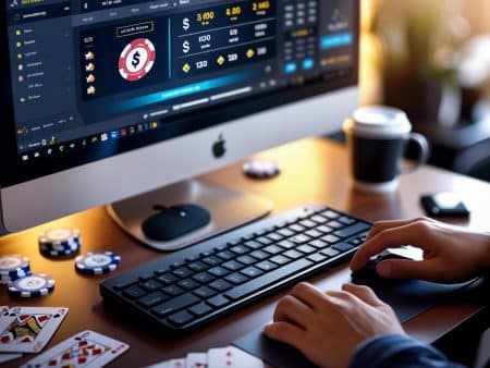A person playing on one of the best poker sites enjoys online poker at a desktop computer, with chips, cards, and a coffee cup on a wooden desk. The screen displays a digital poker game interface with stats and options.