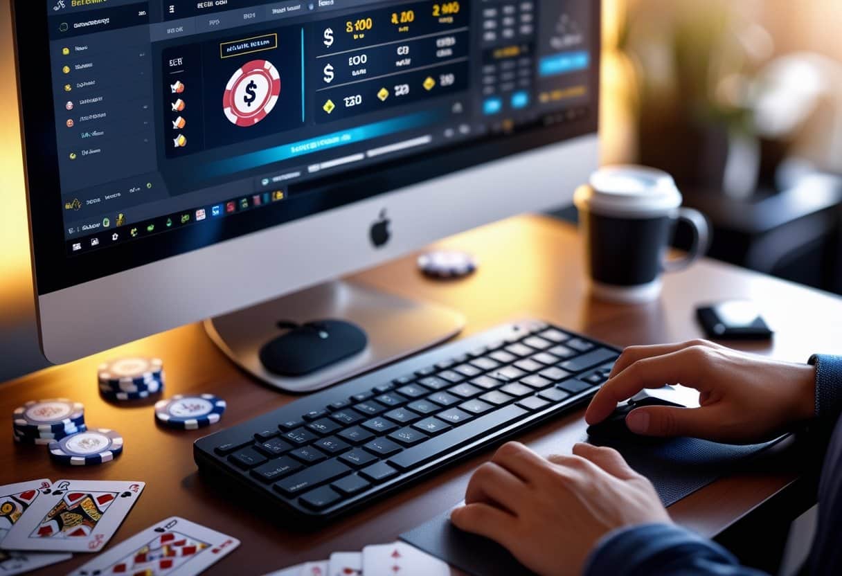 A person playing on one of the best poker sites enjoys online poker at a desktop computer, with chips, cards, and a coffee cup on a wooden desk. The screen displays a digital poker game interface with stats and options. - Best Online Poker Sites 2025 A person playing an online poker game on a computer with poker chips and cards on the desk.