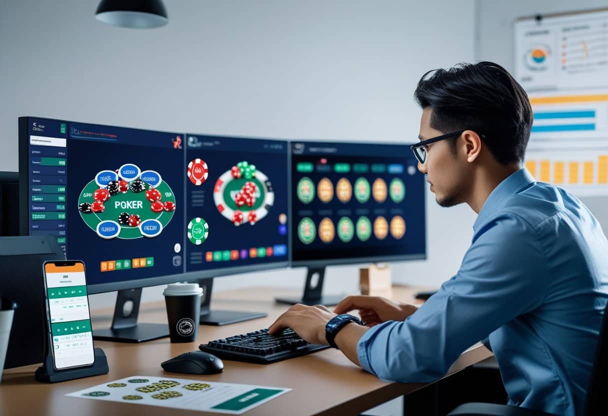 A man in glasses works at a desk with three large monitors displaying top online poker sites and gaming interfaces, a smartphone, a coffee cup, and documents. The office has charts on the wall in the background. - Best Online Poker Sites 2025 A person working at a desk with multiple computer screens showing online poker games and charts.