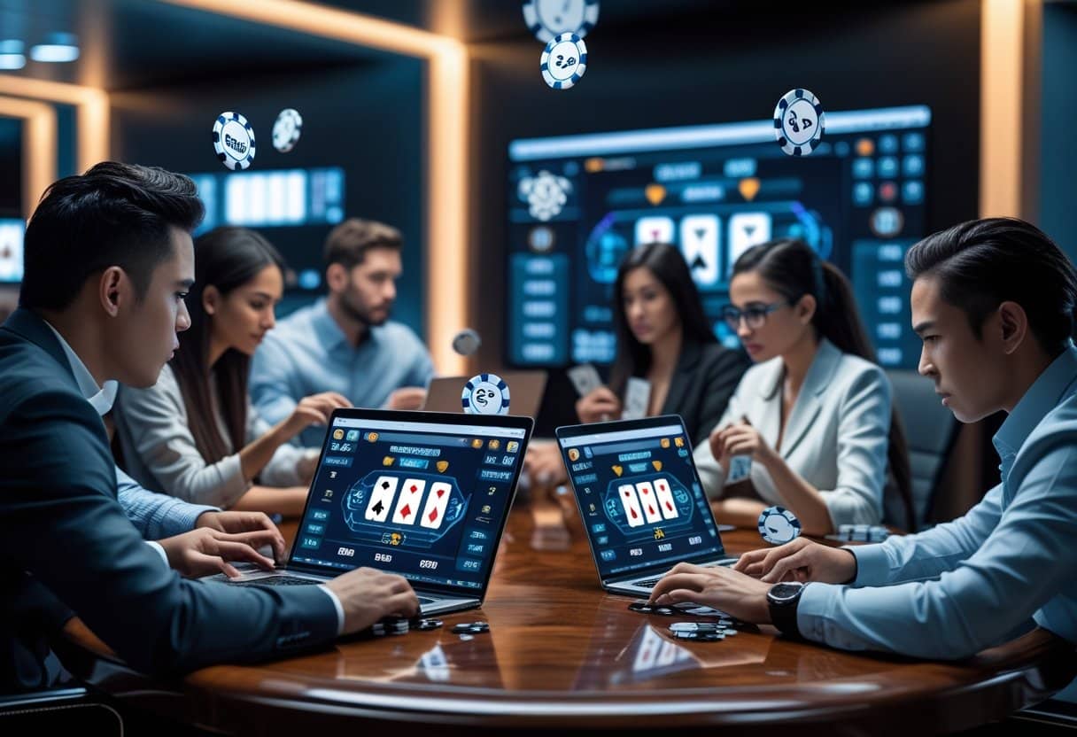A group of people in business attire sit around a table playing online poker for real money on laptops, with virtual poker chips and cards floating in the air, and digital casino screens in the background. - Best Online Poker Sites 2025 A group of diverse people playing online poker using laptops and tablets around a table with digital poker chips and cards displayed on screens.