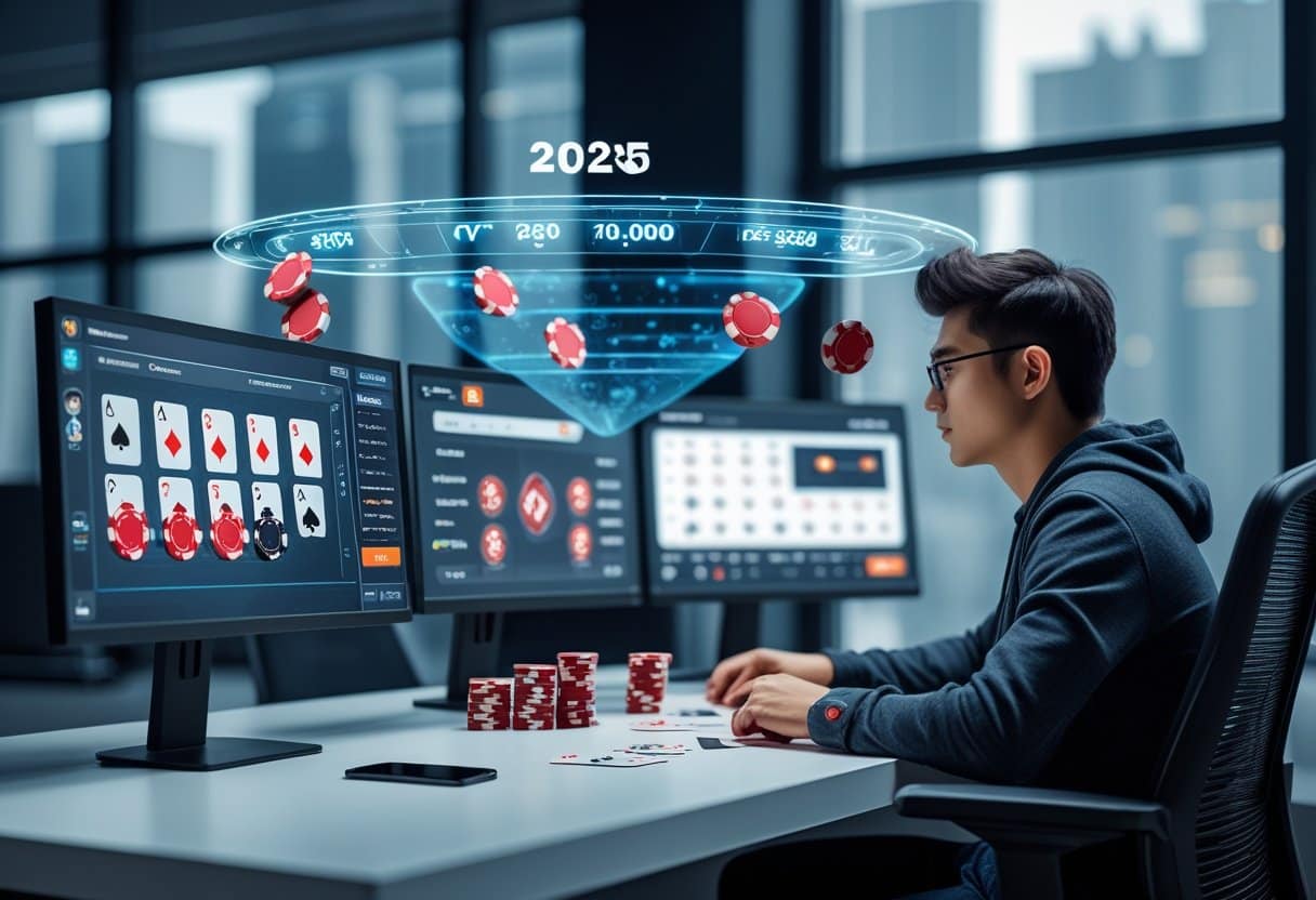 A person sits at a desk playing online poker real money on multiple screens, surrounded by chips, with digital graphics and stats hovering above, analyzing poker strategies to win in 2025. - Best Online Poker Sites 2025 A person sitting at a desk with multiple computer screens showing online poker games and digital poker chips in a modern room.