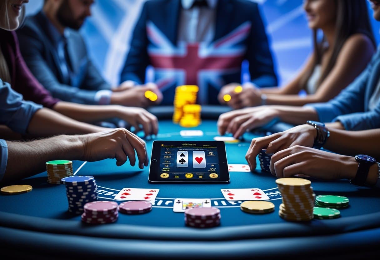 People play cards at a casino table with poker chips and a digital tablet displaying cards, highlighting the excitement of Online Poker UK. A person in a suit stands behind them, with a large British flag in the background. - Best Online Poker Sites 2025 Poker table with chips, cards, and a digital tablet showing a poker game, with players' hands engaged in the game and a subtle British flag in the background.