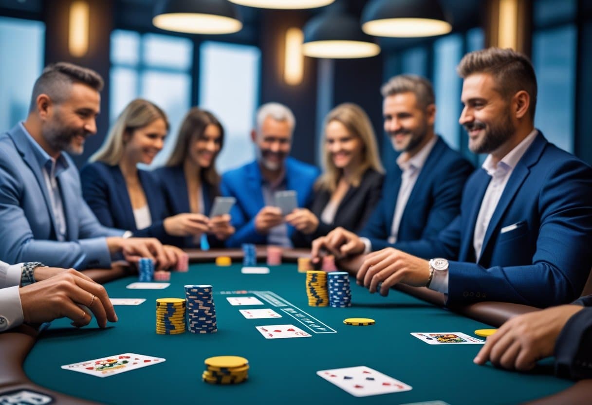 A group of well-dressed men and women sit around a casino table, playing poker with chips and cards visible, all appearing engaged and smiling in a stylish, modern UK setting. - Best Online Poker Sites 2025 A group of adults playing poker around a table with cards, chips, and a digital device showing a poker app, with subtle UK-themed elements indicating licensed real money poker.