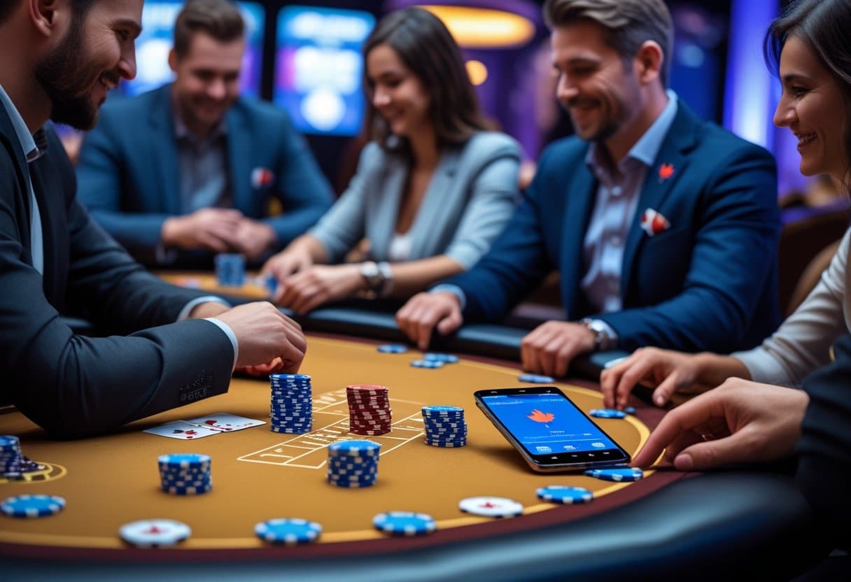 A group of well-dressed people smiles and plays poker around a casino table, with poker chips, cards, and a smartphone displaying a poker app that highlights Canadian poker payment methods resting among the players. - Best Online Poker Sites 2025 Canadian poker players at a casino table with poker chips, cards, and a digital payment device nearby.