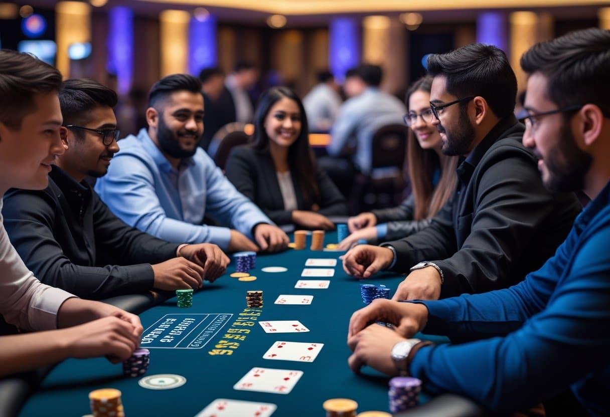 A group of people sits around a casino table playing poker, smiling and engaging as they discuss Canadian poker payment methods, with poker chips and cards on the table in a lively, well-lit casino environment. - Best Online Poker Sites 2025 A group of Canadian poker players sitting around a poker table with chips, cards, and cash, using various payment methods in a casino.
