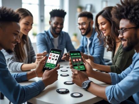 A group of six young adults sit around a table, smiling and playing real money poker on their smartphones with poker chips spread out in front of them in a bright, modern room.