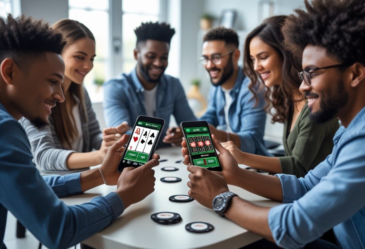 A group of six young adults sit around a table, smiling and playing real money poker on their smartphones with poker chips spread out in front of them in a bright, modern room. - Best Online Poker Sites 2025 A group of people playing poker on their smartphones around a table indoors.