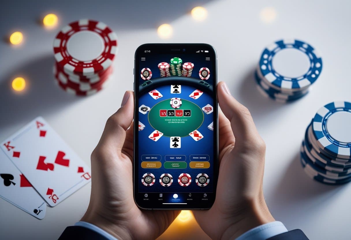 A person holds a smartphone displaying a real money poker game. Poker chips and playing cards lie on a table, with soft lighting creating a casino-like atmosphere. - Best Online Poker Sites 2025 A hand holding a smartphone showing a poker game with cards and poker chips on the screen.