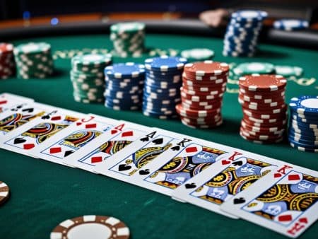A close-up of a casino poker table with several stacks of poker chips and an array of playing cards laid out in a row. The green felt table and colorful chips indicate an active game.