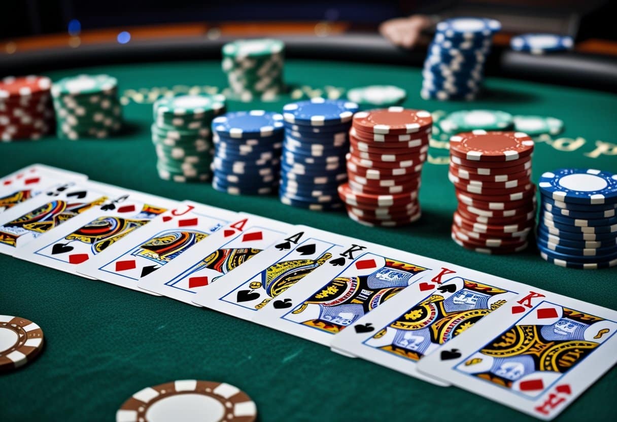 A close-up of a casino poker table with several stacks of poker chips and an array of playing cards laid out in a row. The green felt table and colorful chips indicate an active game. - Best Online Poker Sites 2025 A poker table displaying five different poker hands with playing cards and poker chips arranged on green felt.